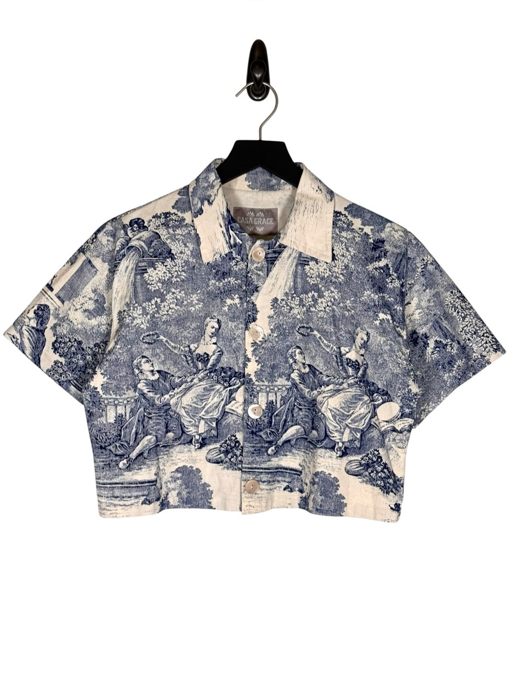 Casa Grace Size S/M Toile De Jouy Print Short Sleeve Cropped Button Up Shirt